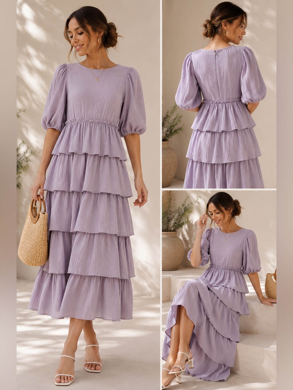 Free the Roses Tiered Midi maxi Dress lavender cotton gauze ruffle dress XS